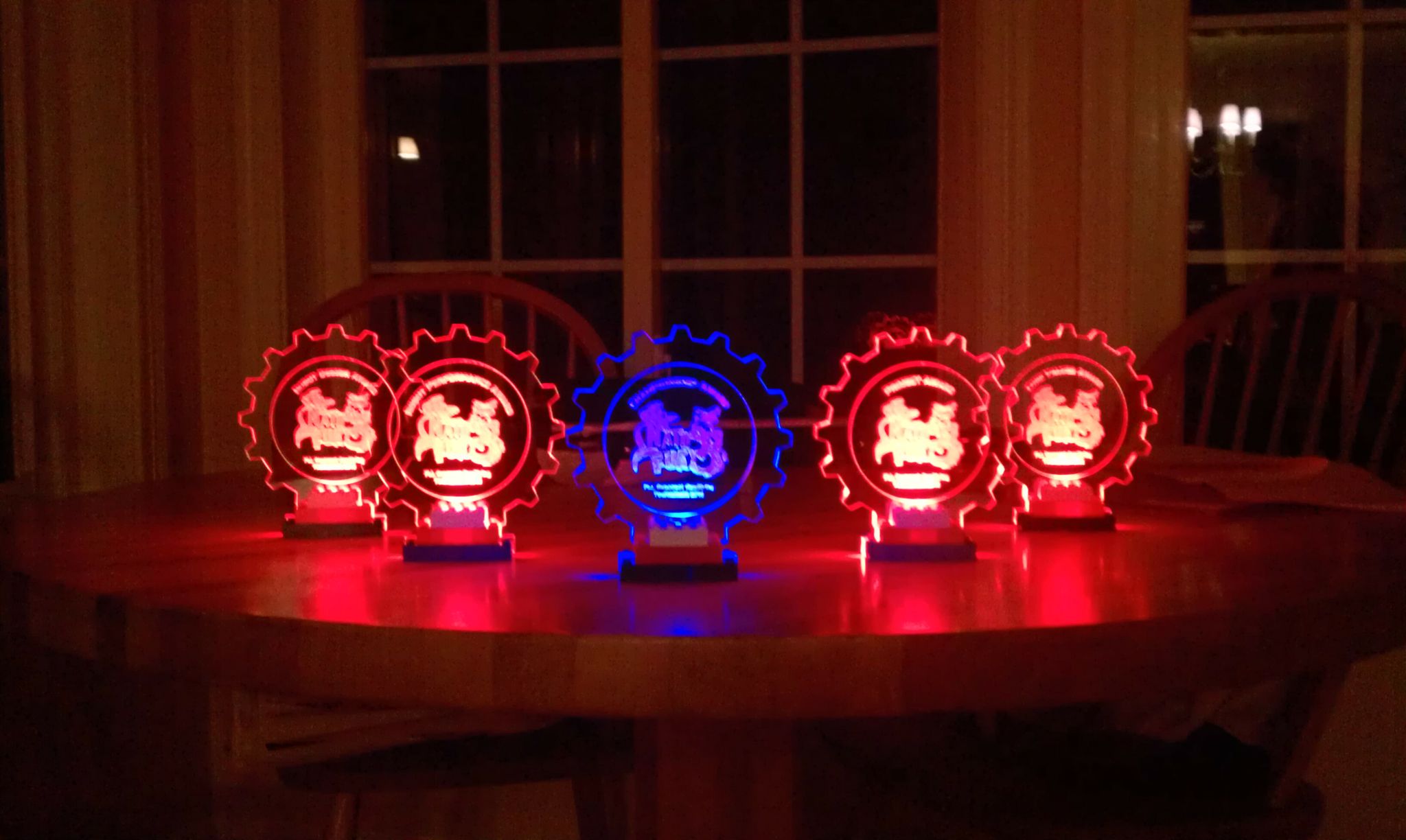 Team 3499 FLL Trophies - Lit up by LEDs